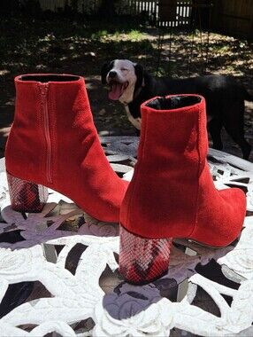 Bos. & Co. Red Suede Ankle Boot with Patterned Block Heel